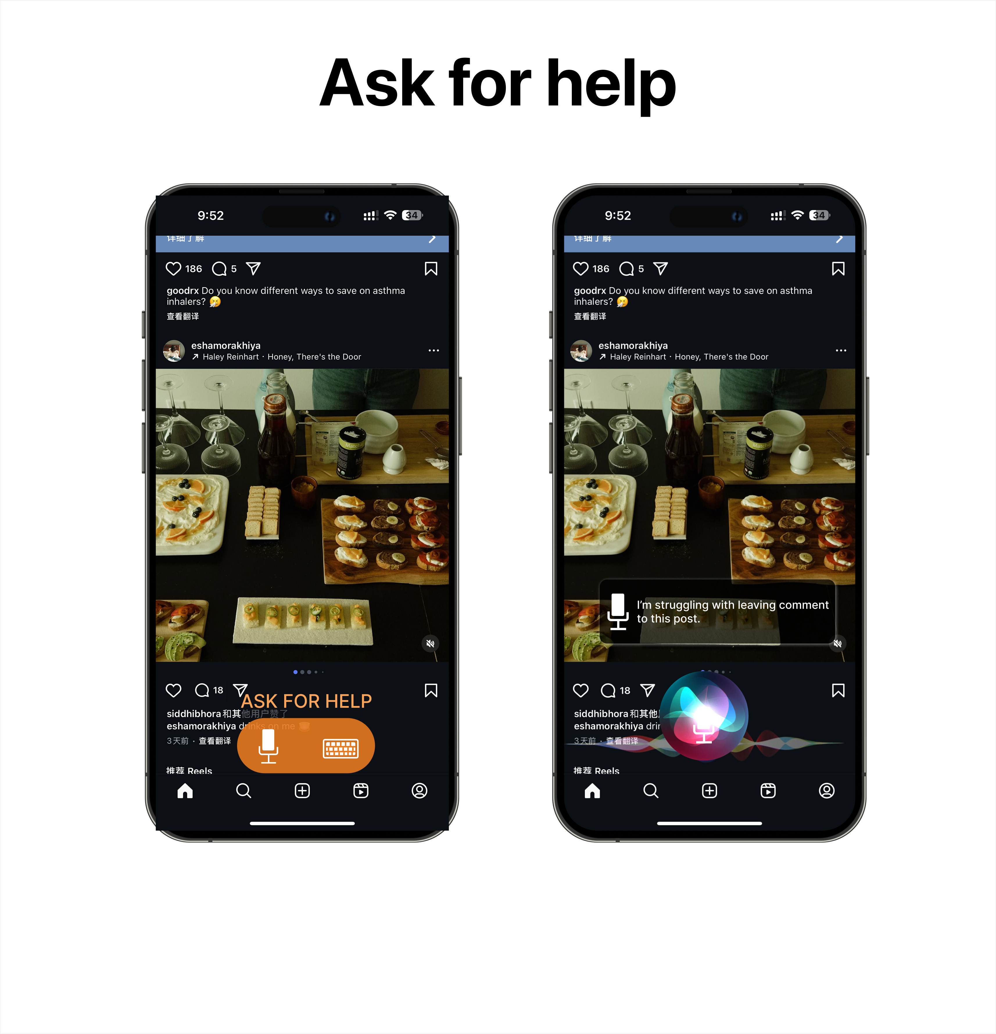 Two frames detailing how older adults can easily get help either through voice or typing prompting
