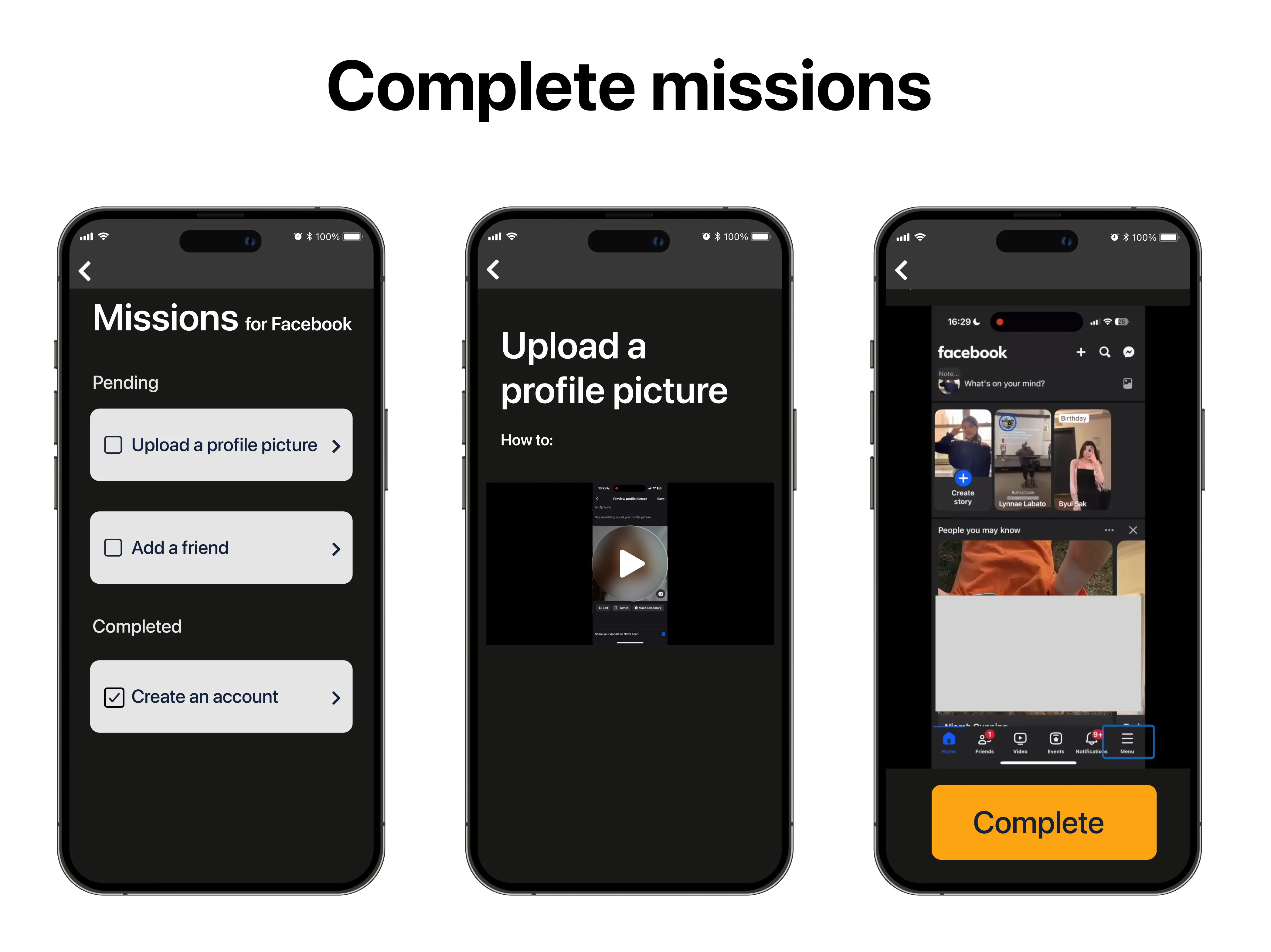 Three frames detailing how older adults can complete and revisit missions