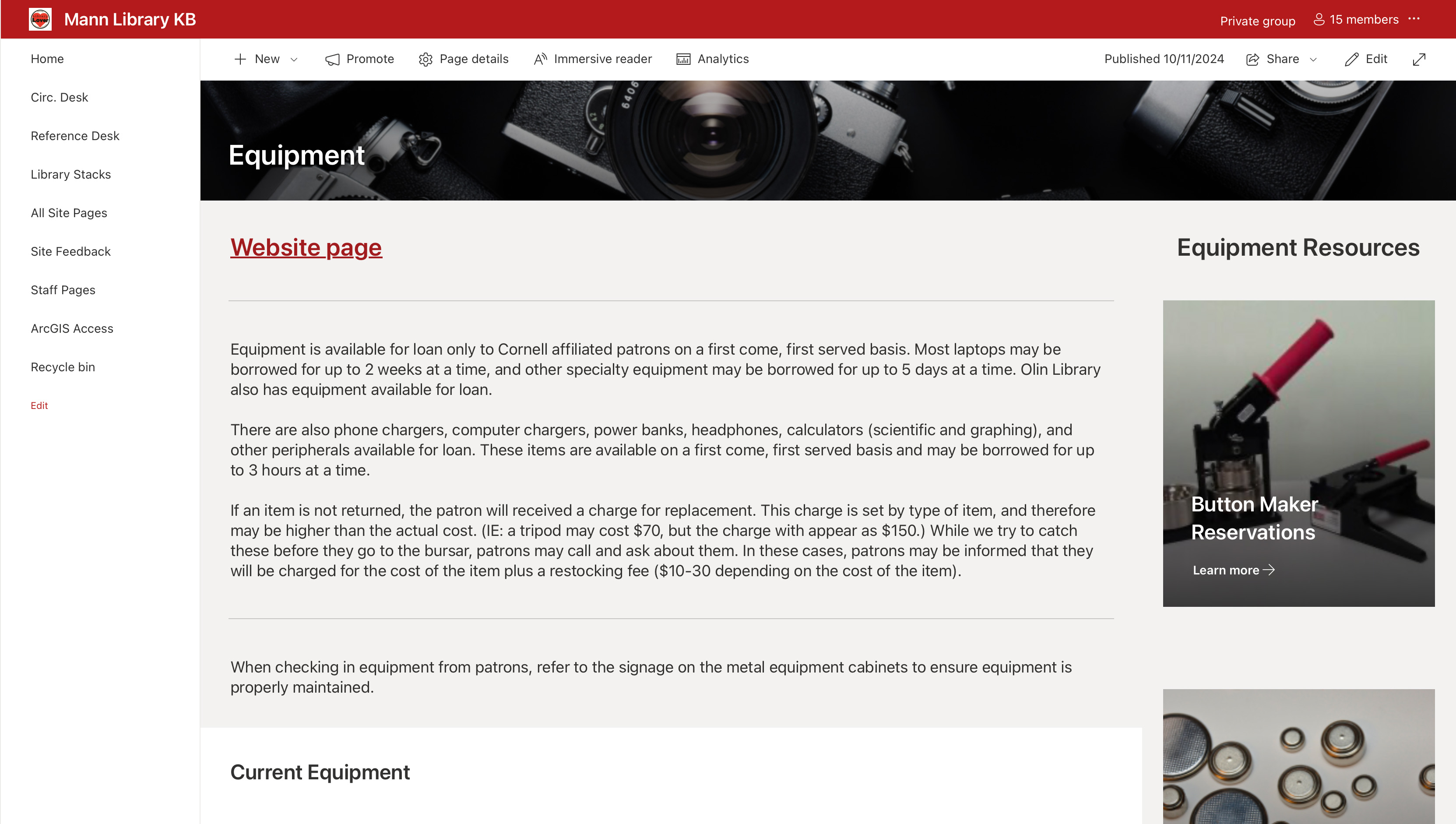 Equipment management page