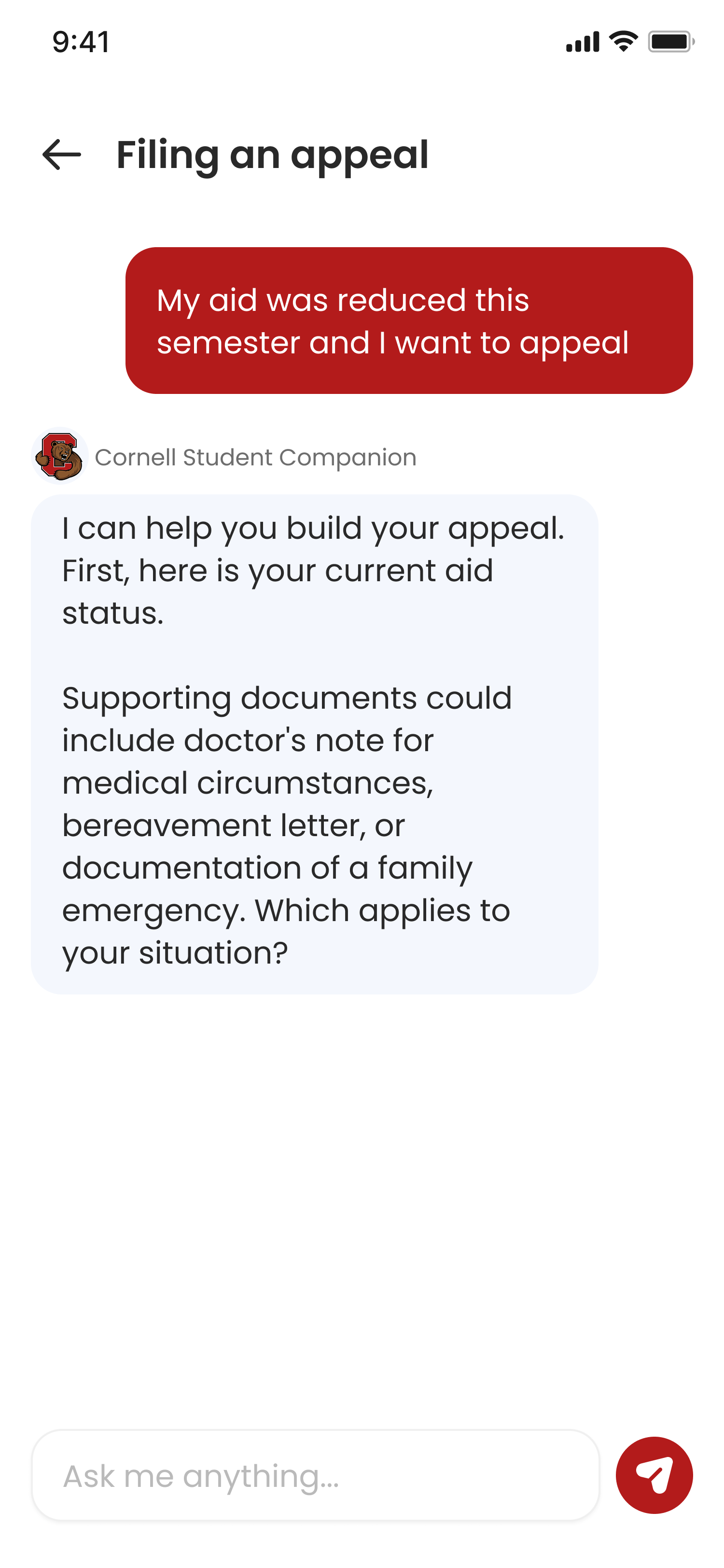Financial Aid Chat In Progress Screen