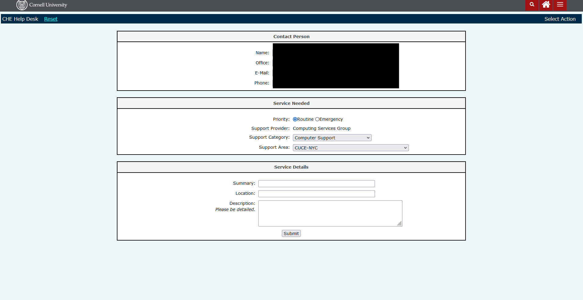 Old support form website screenshot showing outdated interface